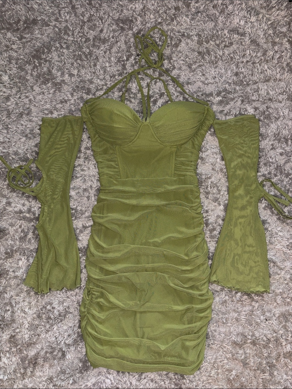 Fashion Nova Olive Green Mesh Ruched Mini Dress